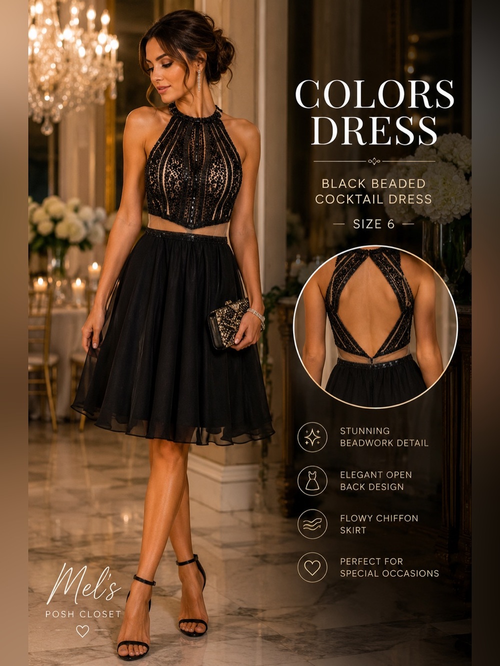 Colors Dress Black Beaded Cocktail Formal Dress Size 6 Elegant Open Back
